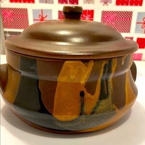 Vintage Brown Glazed Stoneware Artistic Ceramic Pot with Lid - Brown and Tan